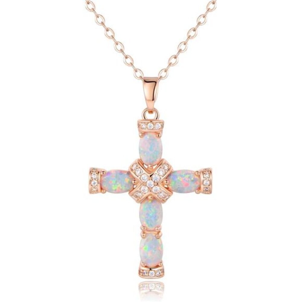 Gold Plated Opal Cross Necklace 18K Religious Pendant Jewelry Gift for Women